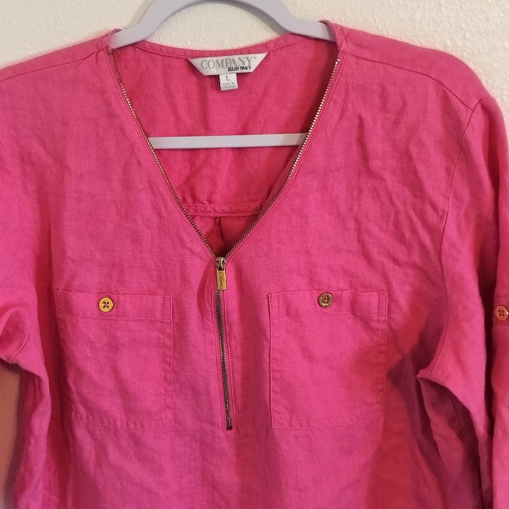 Company By Ellen Tracy 1/4 Zip Peony Pink Linen Tunic Relaxed Coastal Chic Large - Picture 2 of 5